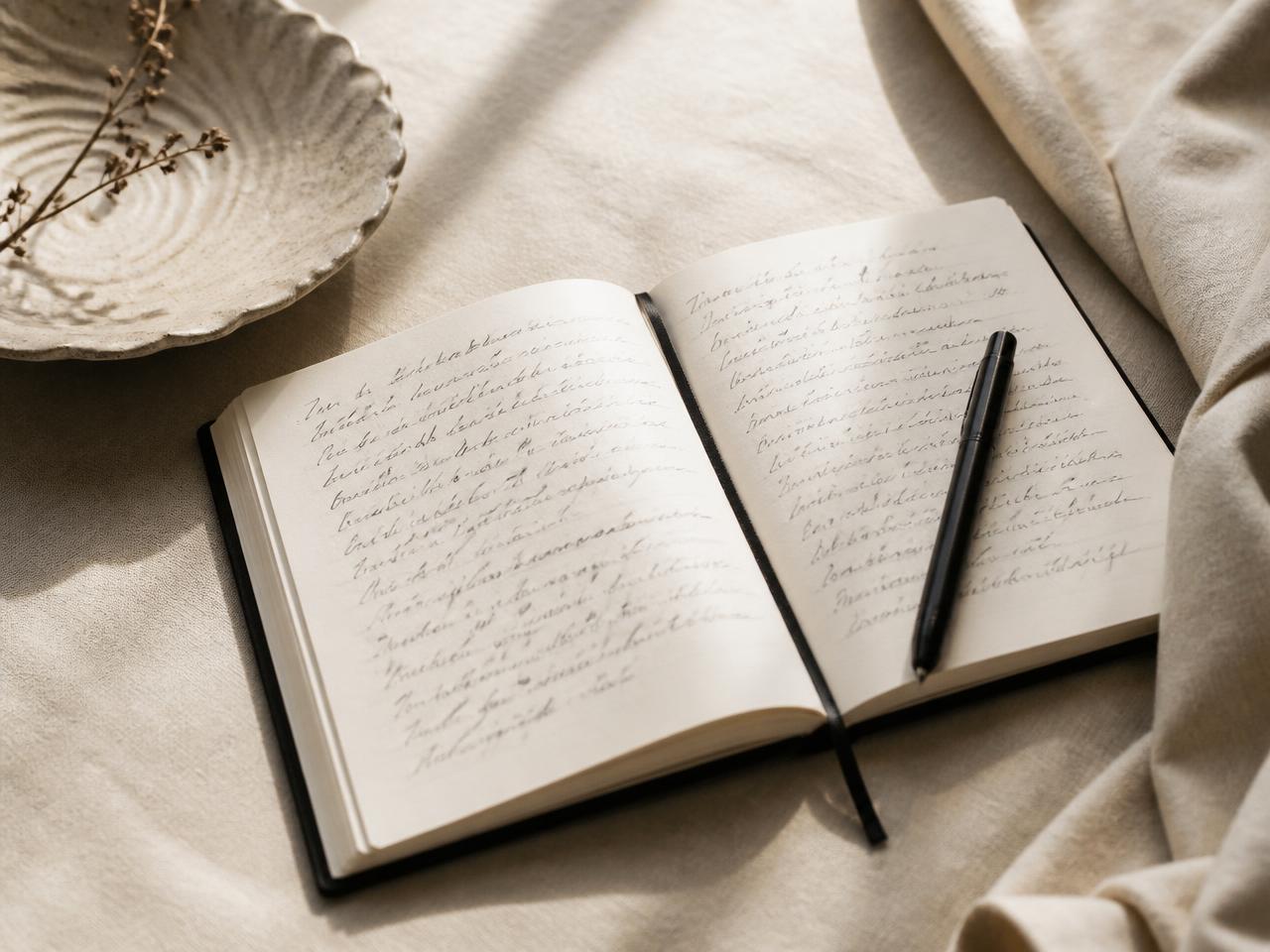 An open notebook and pen resting on ivory linen